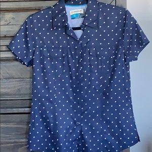 Navy polka dot shirt!